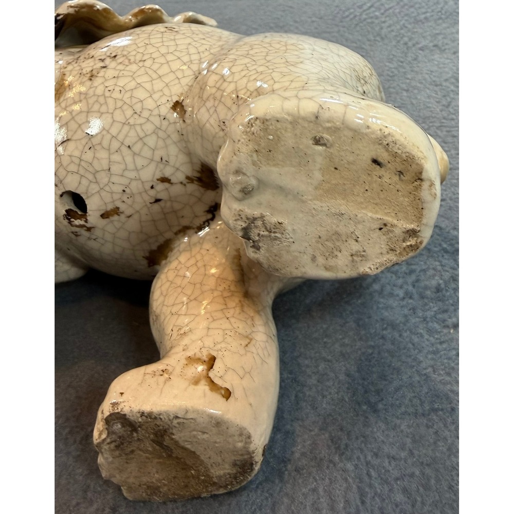 Vintage Ceramic Elephant Figurine Crackle Glaze Lucky Upturned Trunk Off-White - Picture 13 of 16